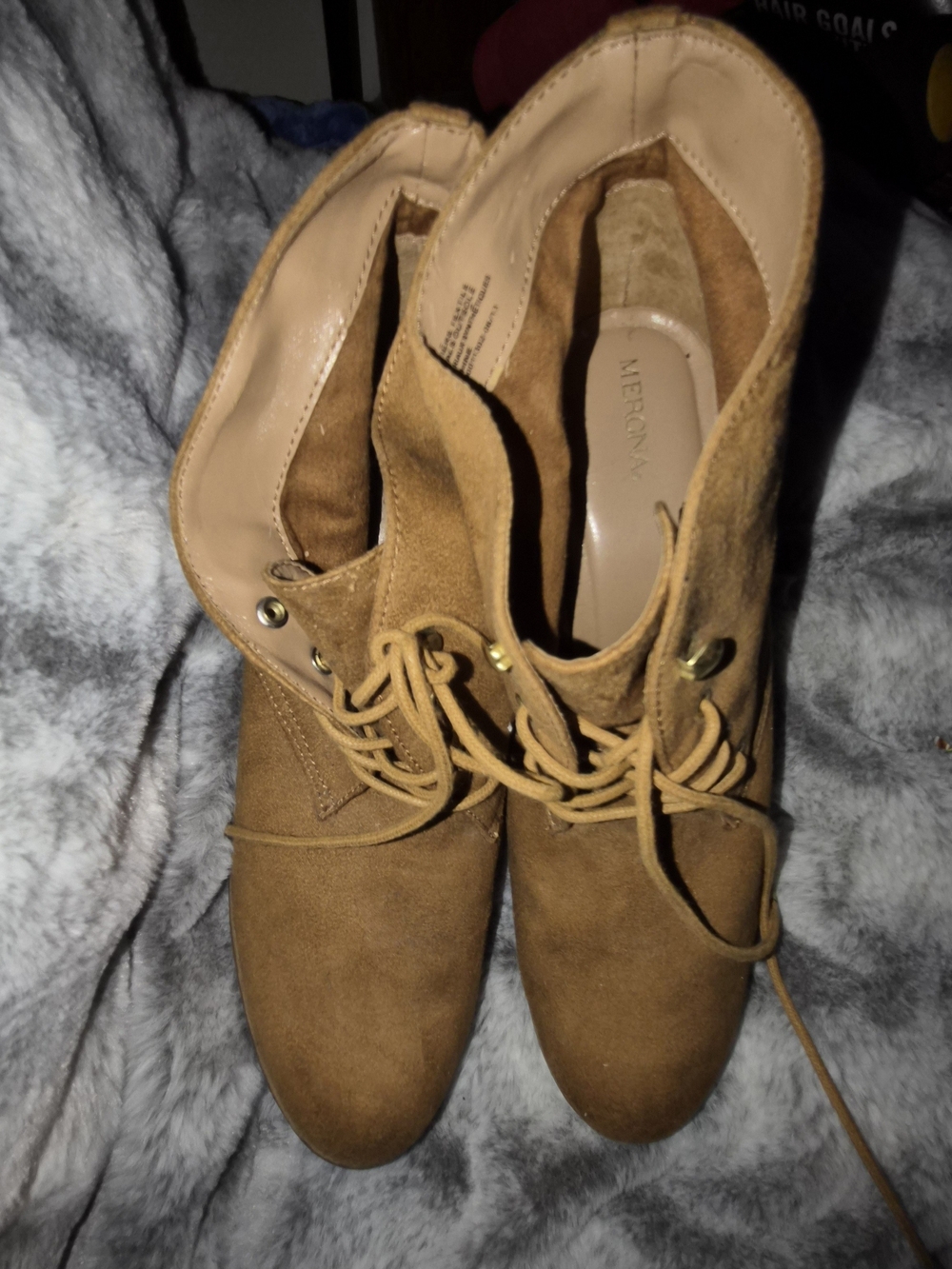 Merona lace-up wedge ankle booties in a warm cognac/camel brown. Size 11